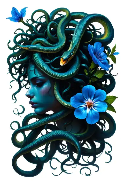 Medusa With Snakes For Hair And A Forget Me Not Buquet In Her Hair