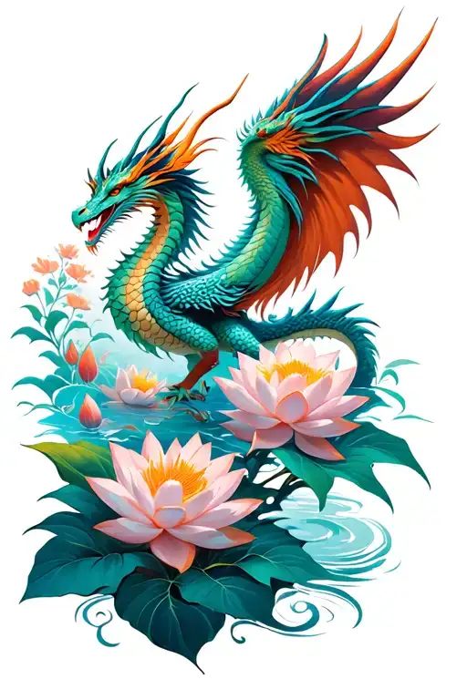 Dragon And Phoenix Rising From Lotus Flowers