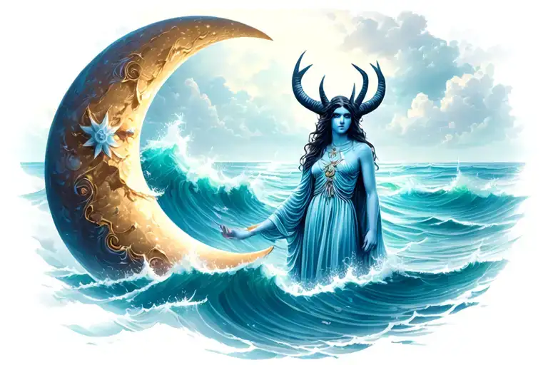 Crescent Moon And Goddess With Horns Emerging From The Sea