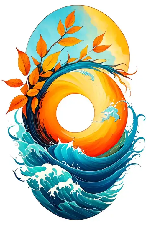 Enso Circle With Leaves And Waves Flowing