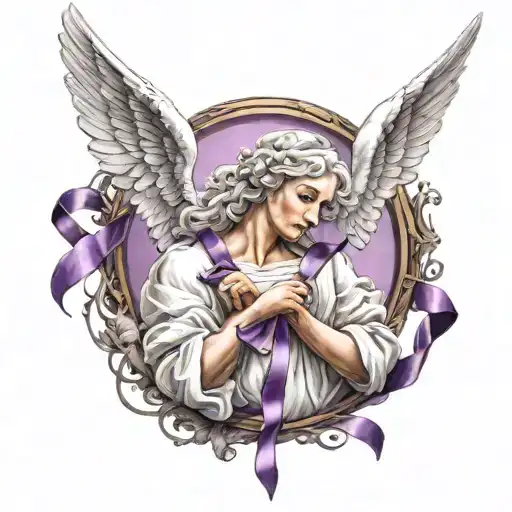 Guardian Angel With Purple Ribbon Defeating Tumor