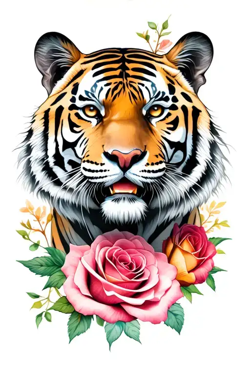 Tiger Head With Roses