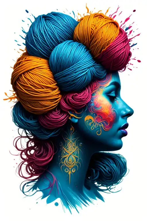 Side Profile Female Face With Yarn Exploding From Top It