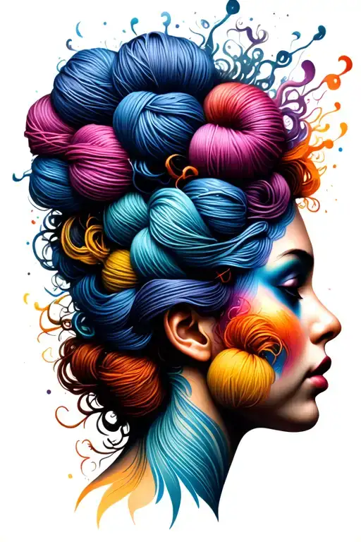 Side Profile Female Face With Yarn Exploding From Top It