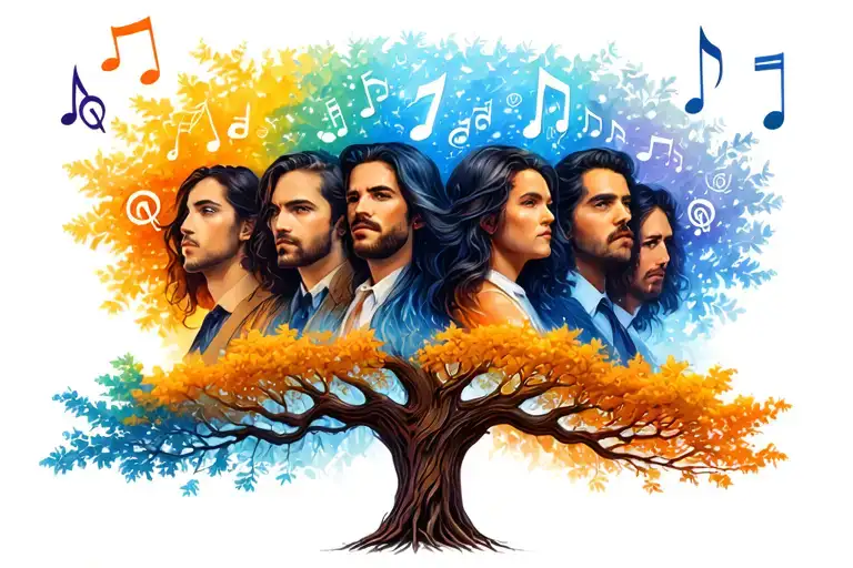 Magnificent Seven 2 Women And 5 Men With Music Symbols In Oak Tree