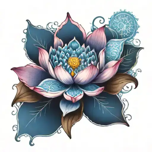 Blue Lotus With Mandala Design Incorporating Elements