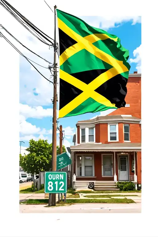 Jamaican Flag And New York City Queens Street Sign And House On The Block That Says 129Th Ave