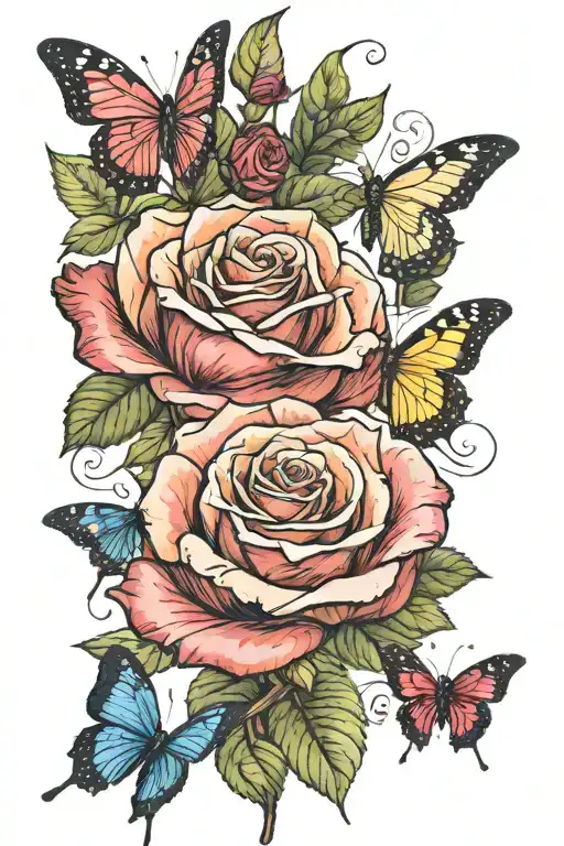 Rose With Stem And Butterflies Flying