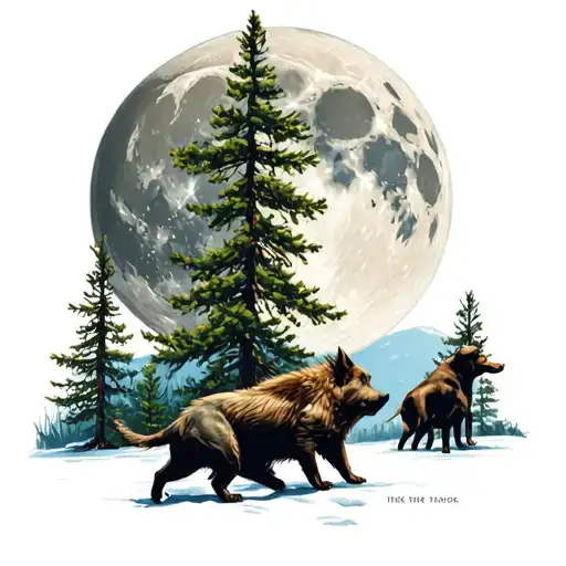 Full Moon Pine Trees Boar Fighting Dogs