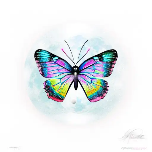 Blue And Pink Butterfly With A Moon