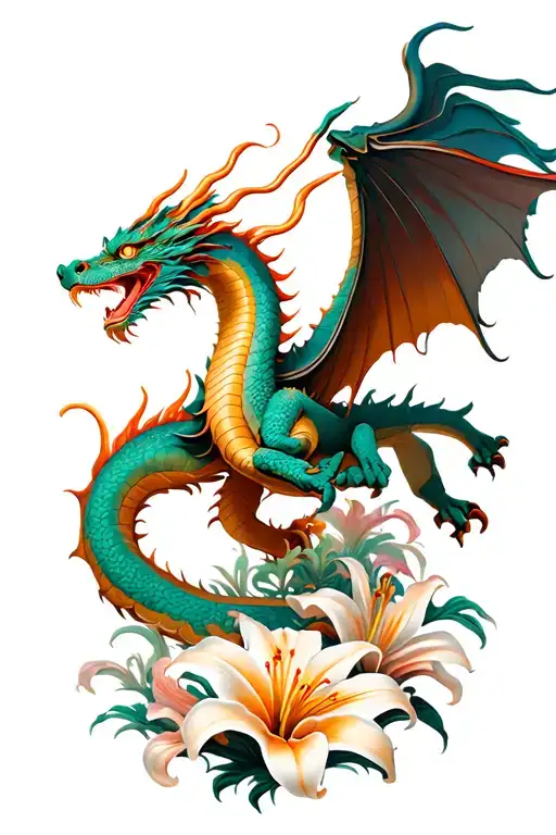 Dragon Flying Reaching Up With One Arm With Rider Surrounded By Oriental Lillies