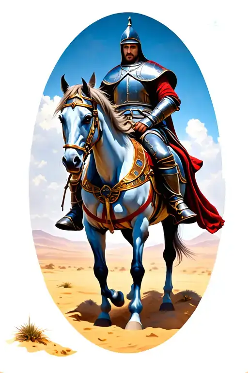 Crusader Knight On Horse On Desert Landscape
