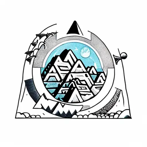 15Th Century Machu Picchu Showing Thorugh Clouds Under Moon Circle With Symbols Pattern Background