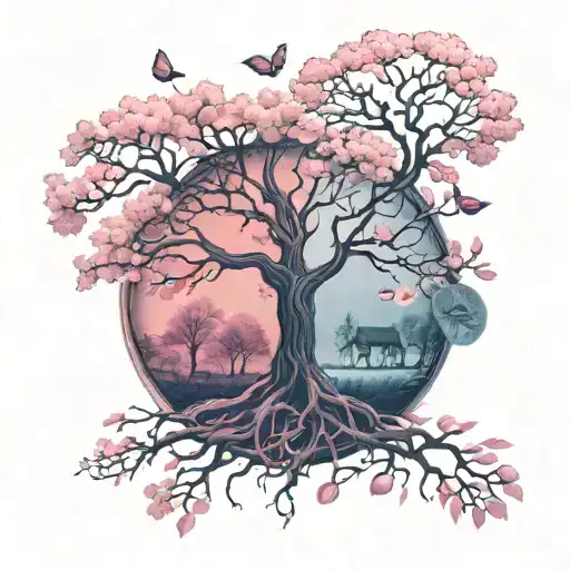 Merging The Tree Of Life And The Cherry Tree With Pink Leaves