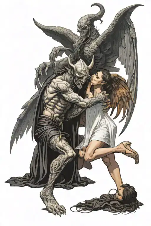 The Demon Lucifer With Wings Leaned Over A Nun Who Prays