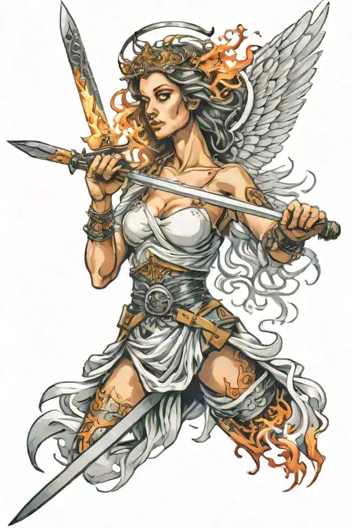 A Female Angel With A Flaming Sword Held Above Her Head