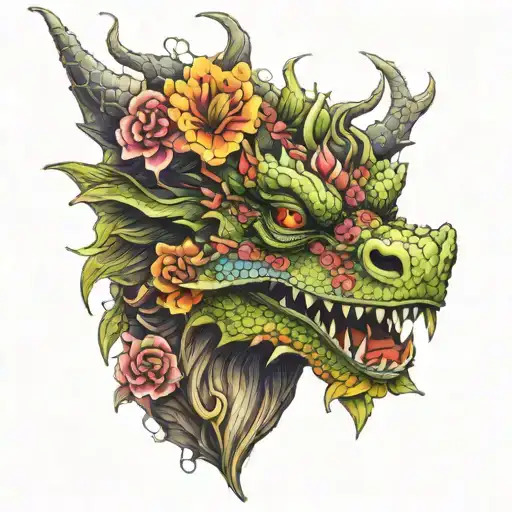 Flowers Dragon Head Face