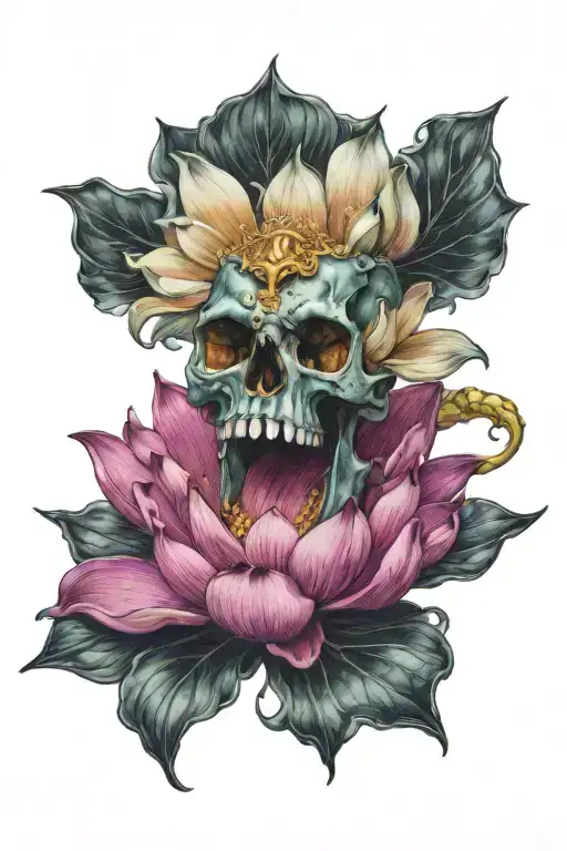 Lotus Flower Blooming From Open Mouth Candie Skull