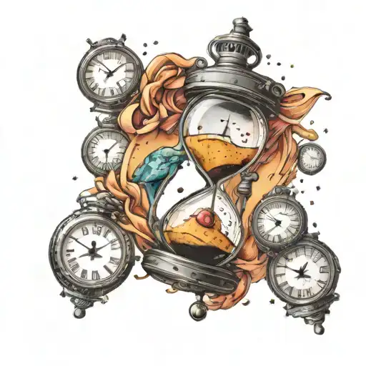 Hourglass Floating In Space With Clocks Hanging