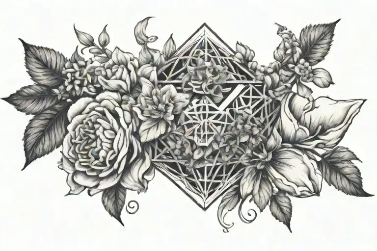 Metatrons Cube Fading Into A Bouquet Of Flowers Black And White