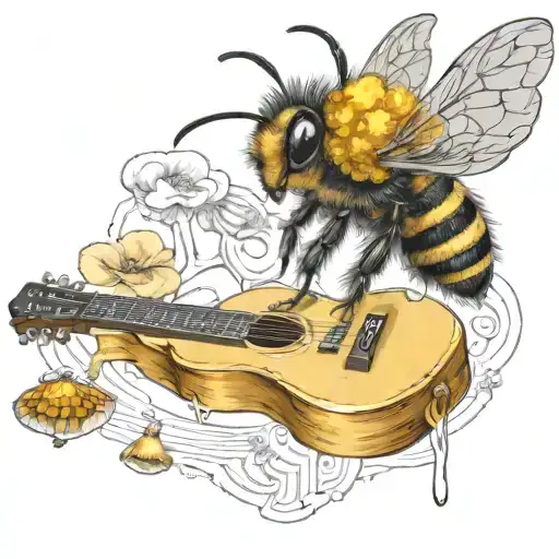 Bee With Mushroom Crown Flying On Scateboard With A Guitar