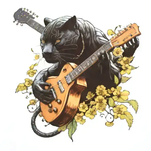 Surrounded By Dandelions There Is A Black Panther Animal Playing A Guitar With A Football Helmet