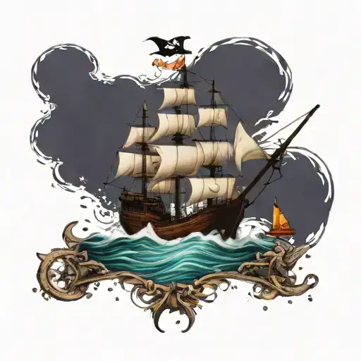 Pirate Ship Rough Waters And A Compass And The Moon And Stars