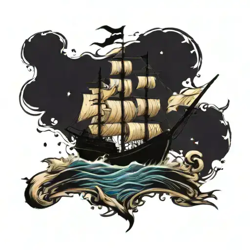 Pirate Ship Rough Waters And A Compass And The Moon And Stars
