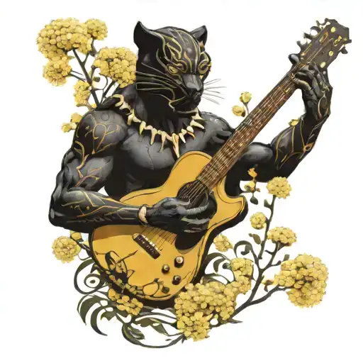 Surrounded By Dandelions There Is A Black Panther Animal Playing A Guitar With A Football Helmet