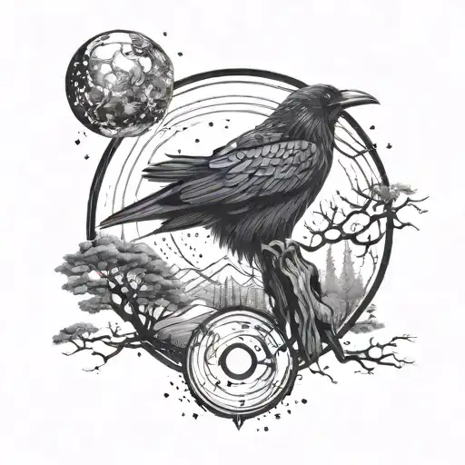 Black Raven And Forest Smoothly Transitioning To The Starry Sky With Planets And Nebulae