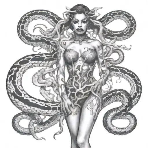 Black Female Demon Surrounded By Men With Snakelike Bodies