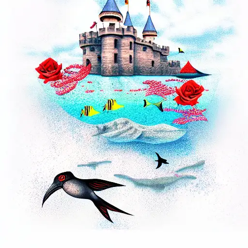 Castle Under The Ocean With Bird Fish And Rose Gardens