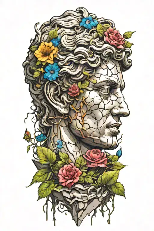 The David Statue Cracked And Weathered With Vines And A Colorful Pop Of One Flower