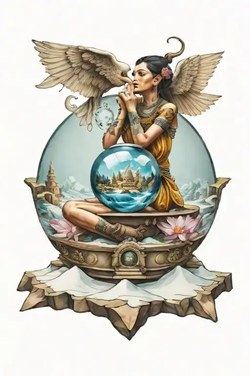 3D Tattoo Of Person Sitting On Pyramid Holding A Snow Globe With Lotus Flower In It