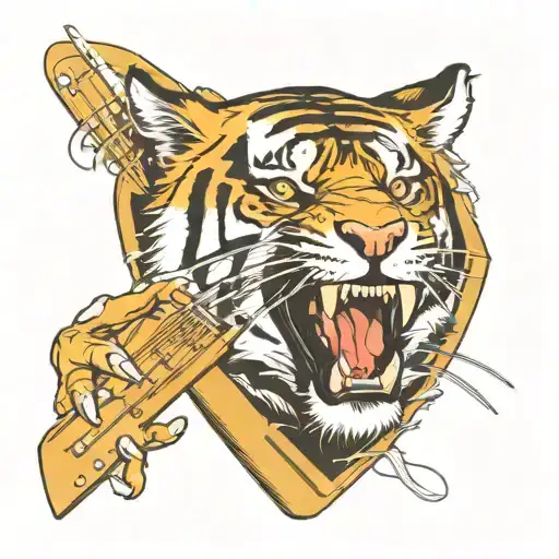 Tiger Roaring Face Inside A Guitar Plectrum Shape Surrounded