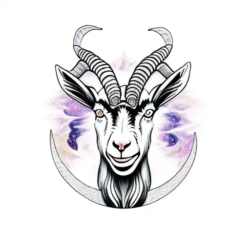 A Mystical Goat Surrounded By Swirling Flames Under A Crescent Moon