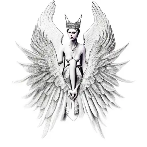 Talons Grapping Onto Traps Going Down The Back Of Broken Angel Wings With A Crown Int He Middle