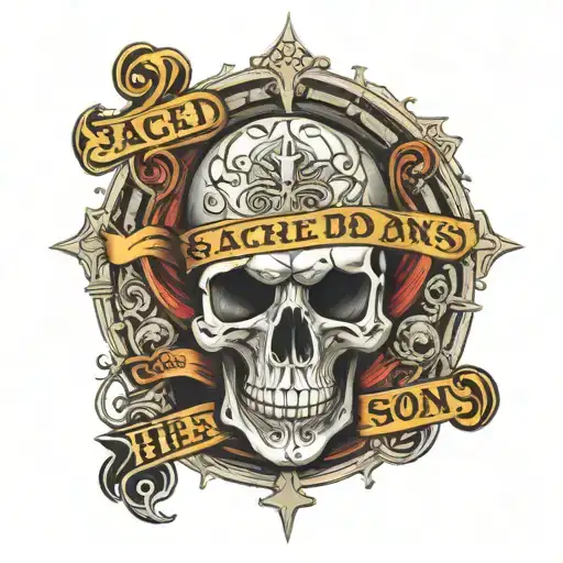 A Skull With The Text Sacred Sons On A Banner Above It With A Chirstian Cross Going Through It