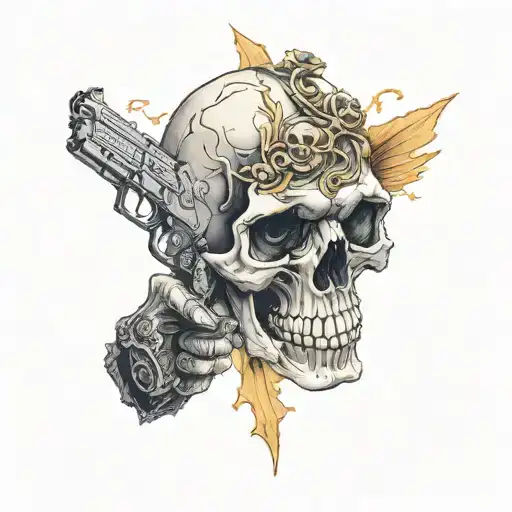 A Skull With Two Hand Guns Making An X With His Arms Looking To The Sky