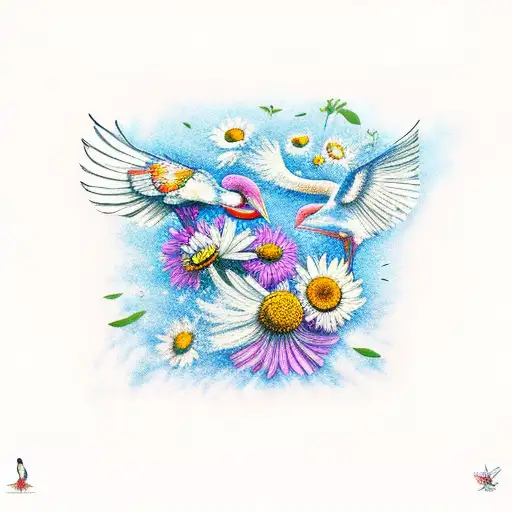 Stork Bird And Camomile Flower