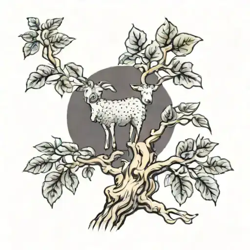Tattoo Of A Fig Tree With A Small Sheep Resting Underneath