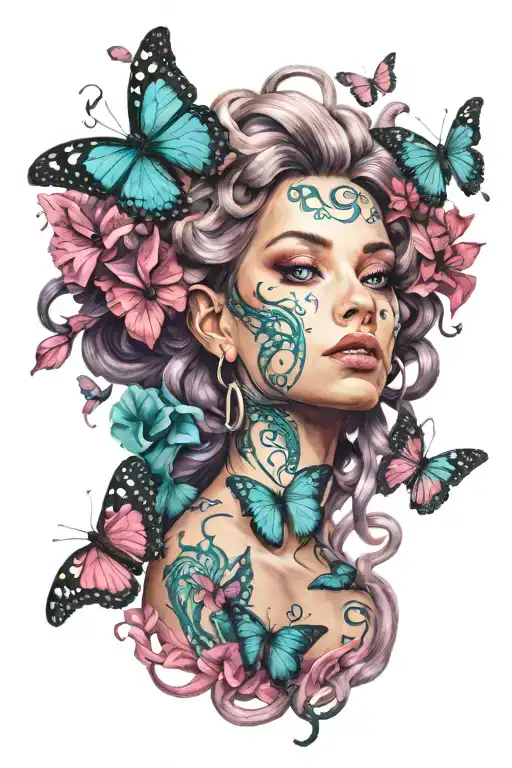 Feminine Medusa Portrait With Teal And Pink And Purple Butterflies With One Hand