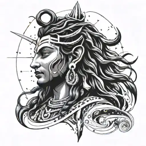 Shiva Portrait Tattoo Design Combining Elements Like Stars