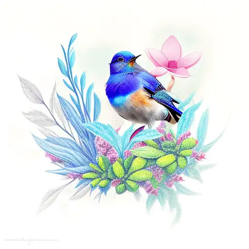Blue Bird With Plants And Flowers