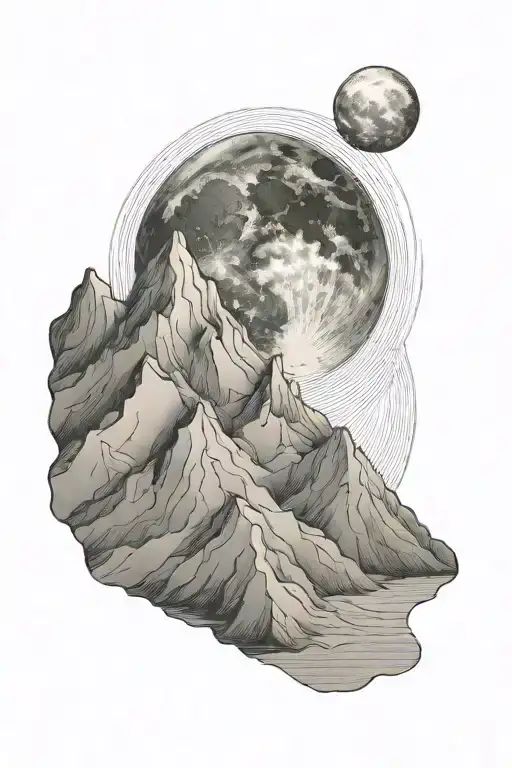 Single Mountain And Moon Surrounded By Straight Vertical Lines