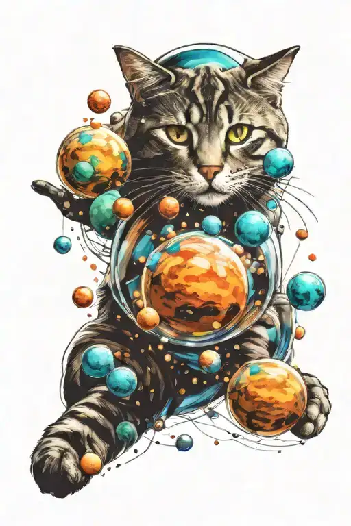 A Cat Floating In Space Surrounded By Glass Planets