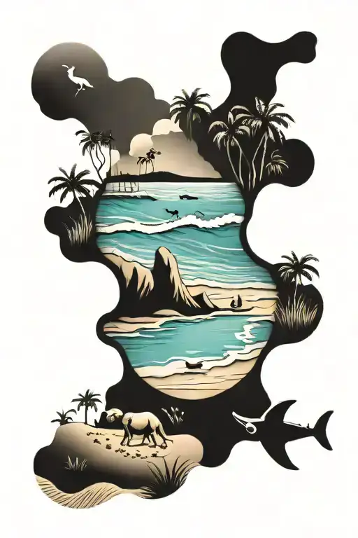 A Minimalist Design Of A Beach Scene With Various Animals Hidden In The Sand