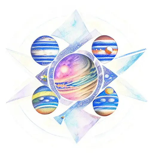 Symbols Of Planets With Planets In Water Colour And Constellatoons In A Straight Line