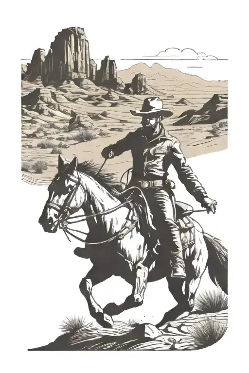 A Cowboy Riding A Horse Through A Desert Landscape With Mountains In The Background