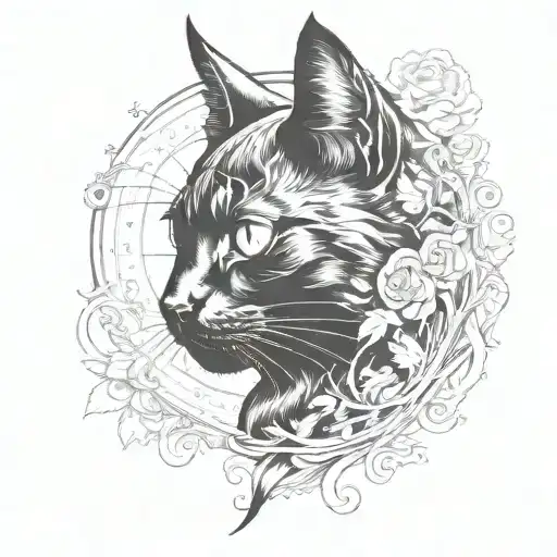 Black Cat Surrounded By A Circle That Has Roses On The Right Side